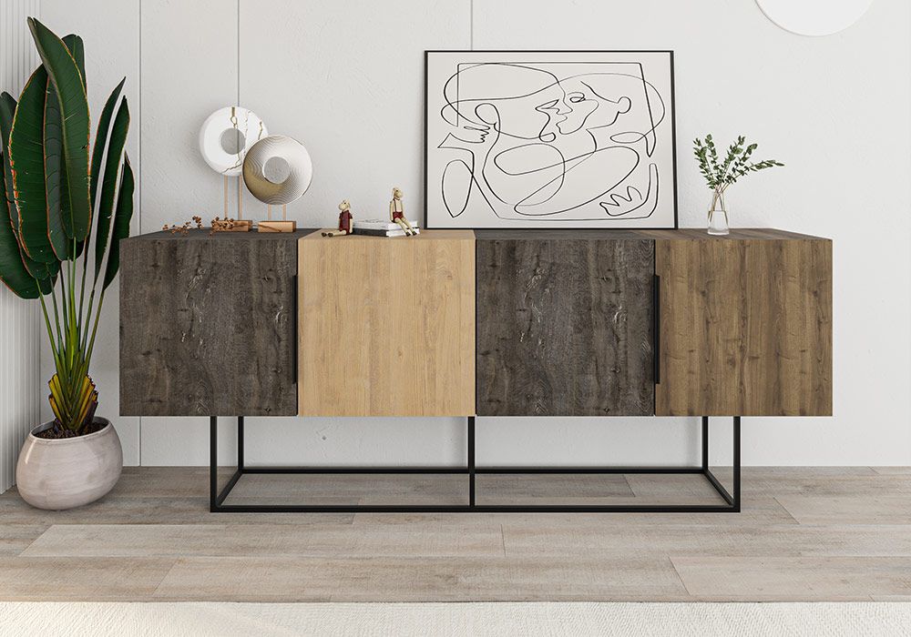Buffet Bas 4 Portes (Collection Titan Marron/Chêne/Noyer) Meubles Votre Magasin de Meuble et Électroménager à La Réunion !
