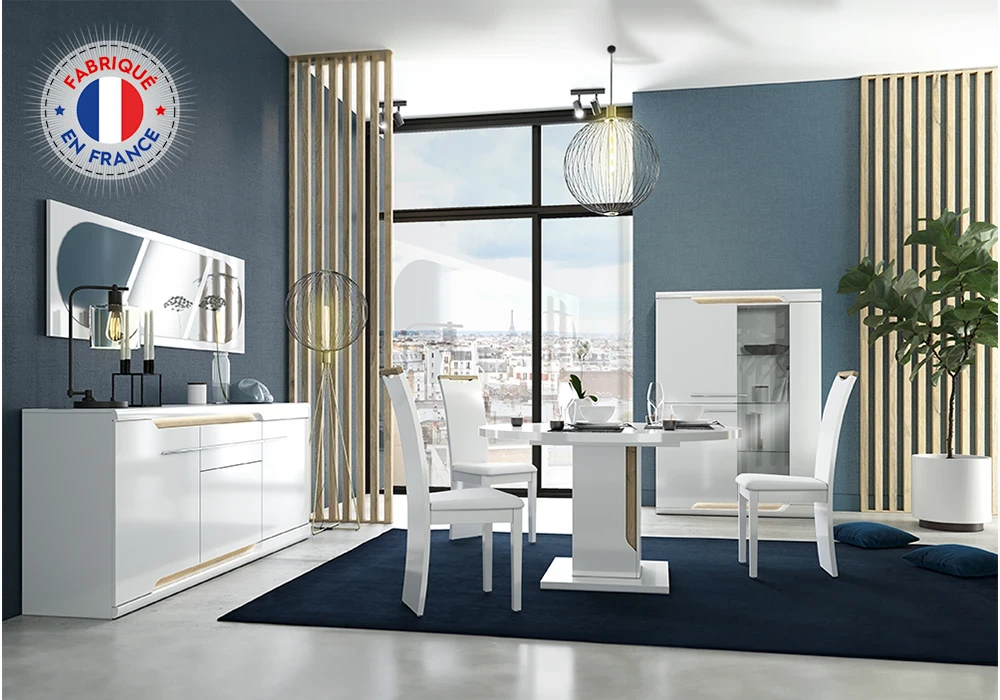 Vitrine 2 Portes avec Éclairage LED (Collection Dayana Blanc/Chêne Blond) Meubles Votre Magasin de Meuble et Électroménager à La Réunion !