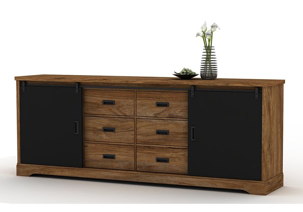 Bahut Bas 2 Portes Coulissantes 6 Tiroirs (Collection Industrielle Nevada) Meubles Votre Magasin de Meuble et Électroménager à La Réunion !