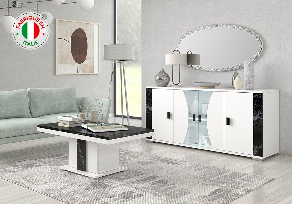 Enfilade 4 Portes avec Éclairage LED (Collection Nevada Blanc/Marbre Noir) Meubles Votre Magasin de Meuble et Électroménager à La Réunion !