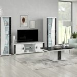 Argentier 1 Porte avec Éclairage LED (Collection Nevada Blanc/Marbre Noir)