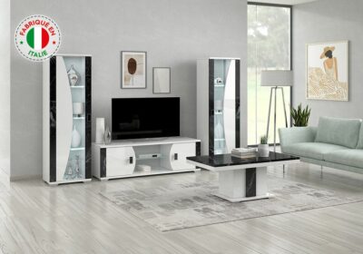 Argentier 1 Porte avec Éclairage LED (Collection Nevada Blanc/Marbre Noir)