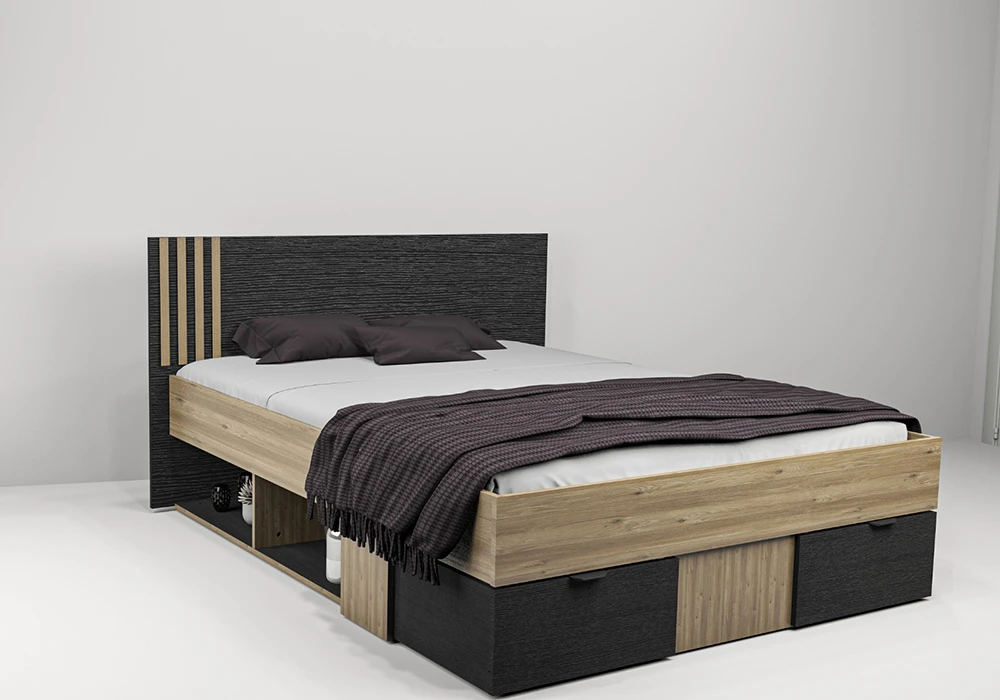 Lit 160x200cm Chêne /Noir avec 2 Tiroirs (Collection Maden) Chambres à Coucher Votre Magasin de Meuble et Électroménager à La Réunion !