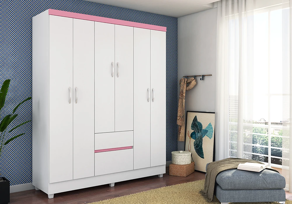 Armoire 6 Portes 2 Tiroirs Blanc/Rose Flash Armoires, Commodes & Chevets Votre Magasin de Meuble et Électroménager à La Réunion !