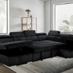 Salon d'Angle Convertible Panoramique Côtelé Épais Noir