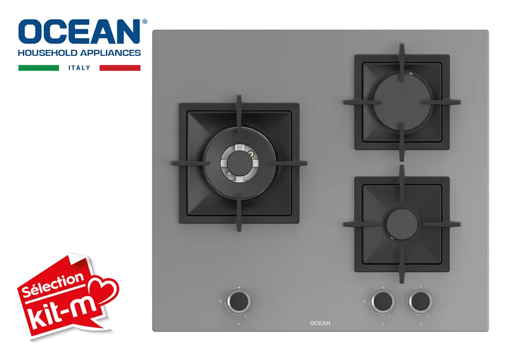 Plaque de Cuisson 60cm Verre 3 Feux Gaz Gris Ocean (OHGG3R6201GPROV) Cuisson Votre Magasin de Meuble et Électroménager à La Réunion !