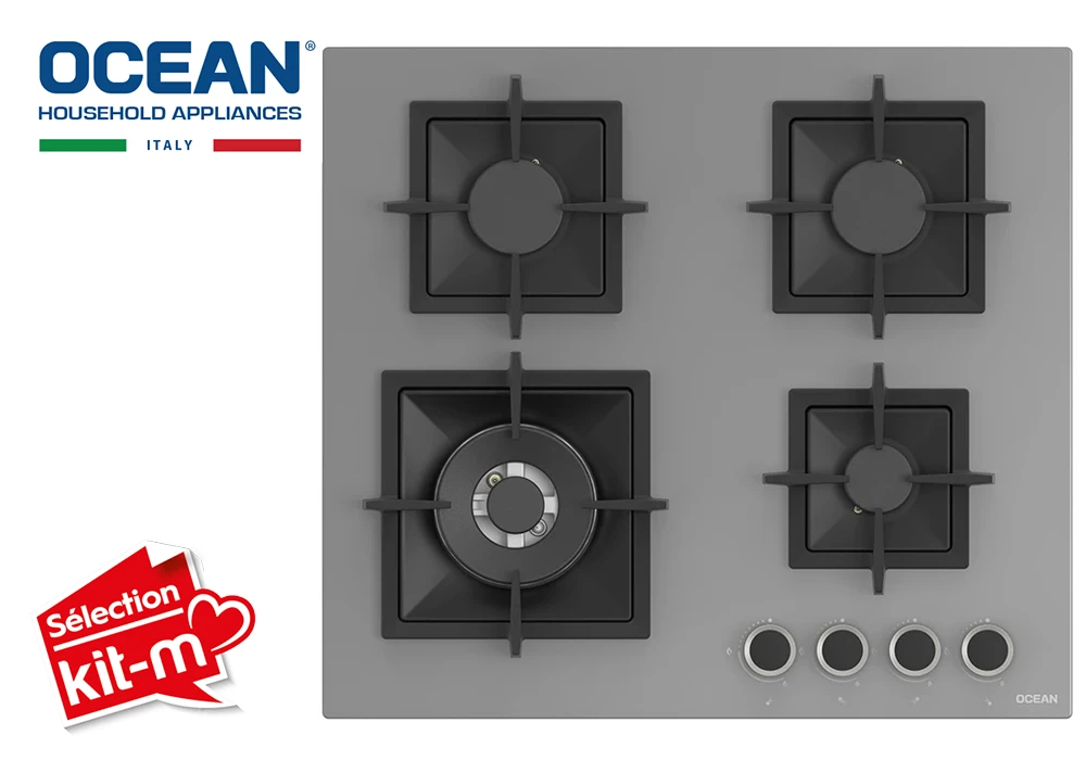 Plaque de Cuisson 60cm Verre 4 Feux Gaz Gris Ocean (OHGG3R6301GPROSV ) Cuisson Votre Magasin de Meuble et Électroménager à La Réunion !