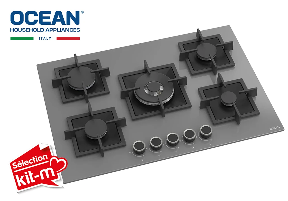 Plaque de Cuisson 75cm Verre 5 Feux Gaz Gris Ocean (OHGG3R7401GPROV) Cuisson Votre Magasin de Meuble et Électroménager à La Réunion !