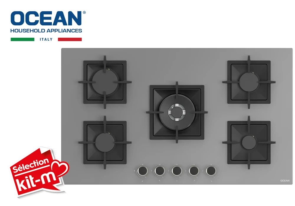 Plaque de Cuisson 90cm Verre 5 Feux Gaz Gris Ocean (OHGG3R9401GPROV) Cuisson Votre Magasin de Meuble et Électroménager à La Réunion !