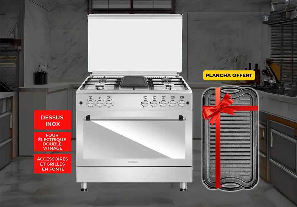 Cuisinière Piano 5 Feux Gaz avec Four Géant Électrique Ocean (OCMR9650-13I) + Plancha Offerte Cuisson Votre Magasin de Meuble et Électroménager à La Réunion !
