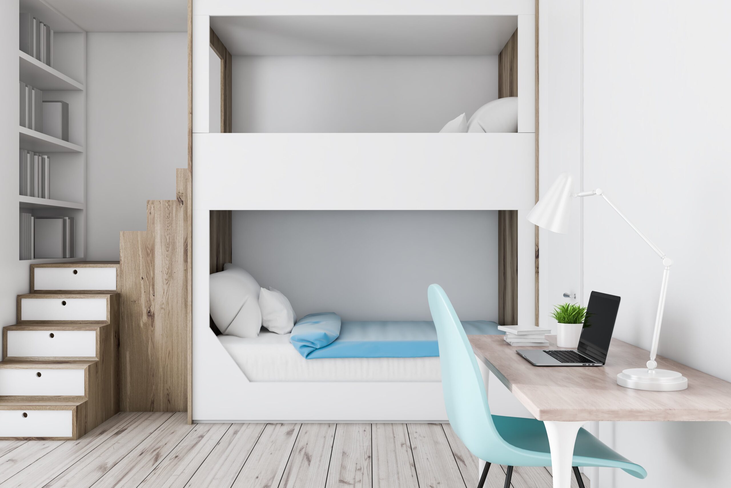 interior-teenager-bedroom-with-white-walls-wooden-floor-gray-wooden-bunk-bed-gray-bookcase-computer-table-with-blue-chair-3d-rendering-min