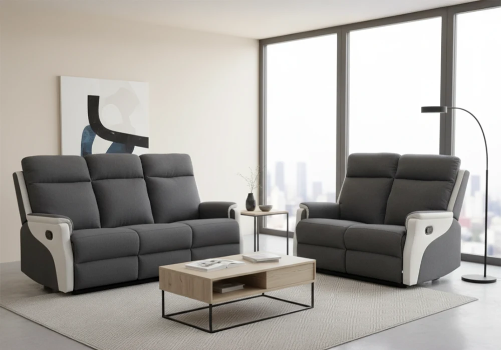 Salon 3 Places +2 Places avec 4 Relax Manuels Gris Foncé/Gris Clair Relaxation Votre Magasin de Meuble et Électroménager à La Réunion !