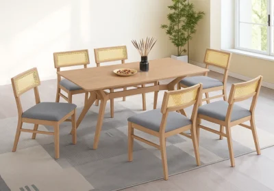 Ensemble Table à Manger avec 6 Chaises Naturel Tissu Gris Salles à Manger Votre Magasin de Meuble et Électroménager à La Réunion !