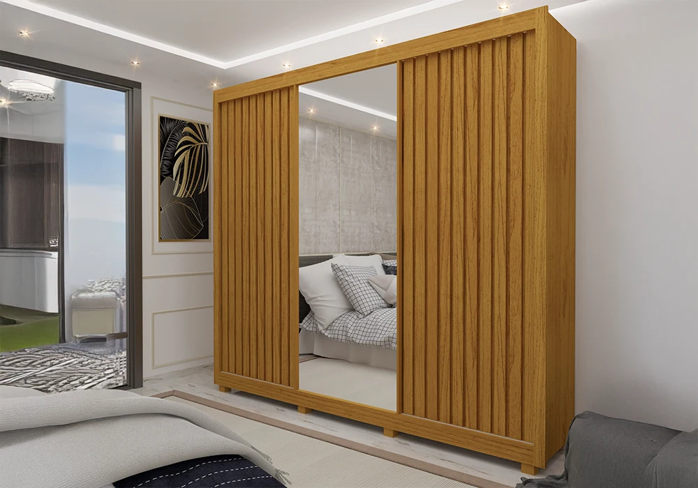 Armoire 3 Portes Coulissantes Nature Avec Miroir Royale Armoires, Commodes & Chevets Votre Magasin de Meuble et Électroménager à La Réunion !