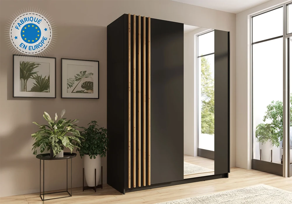 Armoire 2 Portes Coulissantes avec Miroir Noir/Artisan Armoires, Commodes & Chevets Votre Magasin de Meuble et Électroménager à La Réunion !