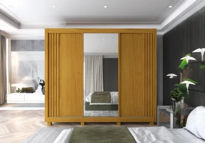 Armoire 3 Portes Coulissantes Nature/Blanc avec Miroir Santorini