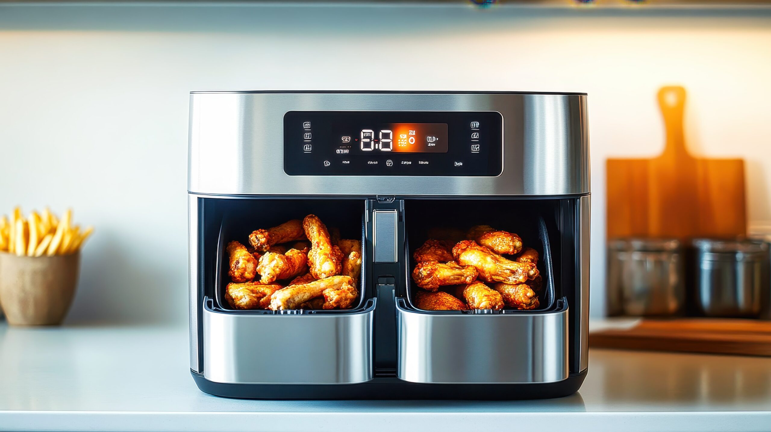 modern-double-basket-air-fryer-cooking-chicken-wings-kitchen-countertop-min